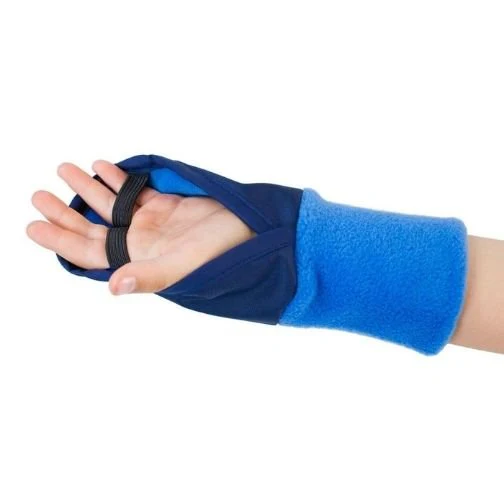 Child wears fingerless mittens in bright blue and navy blue, with elastic black strap across the underside of the fingers